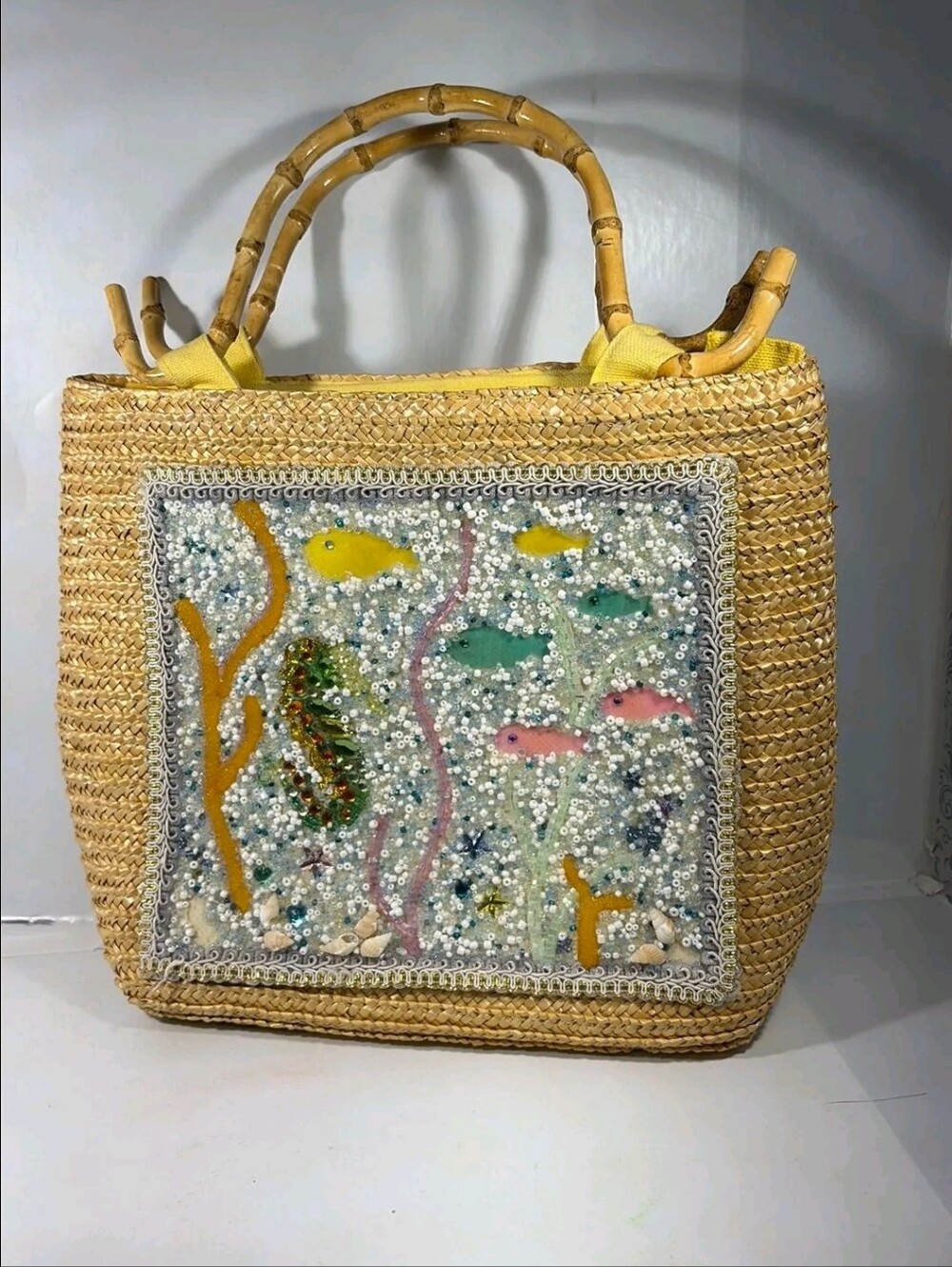 Embellished Straw Tote Bag with Sequin Fish Panel - Yellow